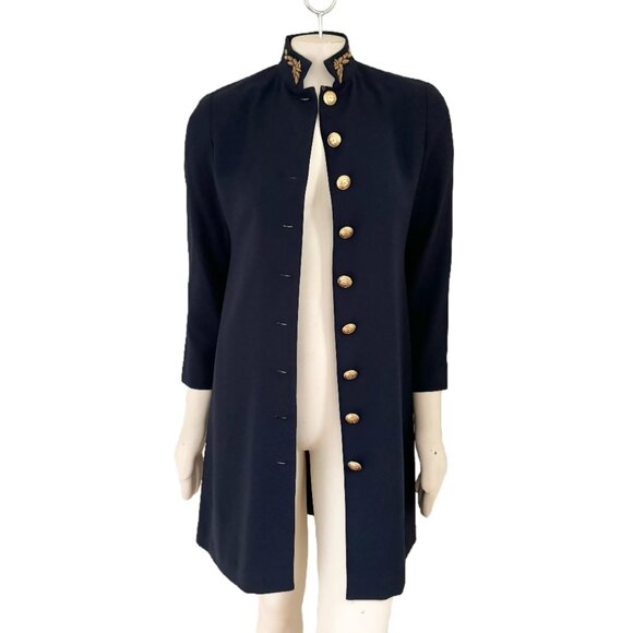 VTG LIZ CLAIBORNE Gold Button High Neck Military Style Dress in Navy SZ 4P - Picture 3 of 11